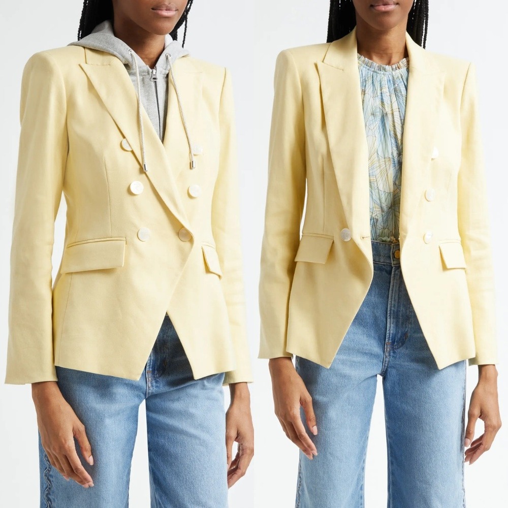 Veronica Beard Miller Blazer Yellow Linen-Blend Double Breasted Blazer Size 8